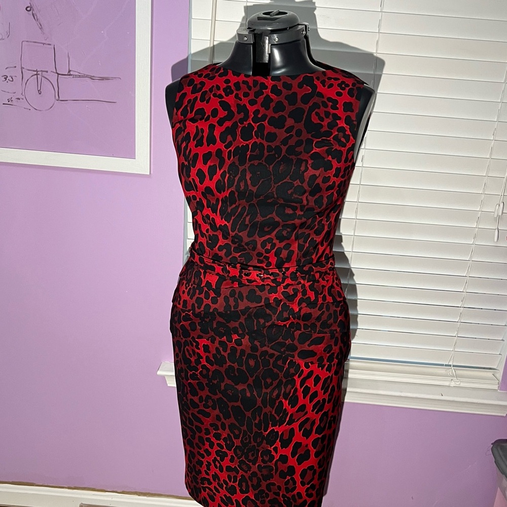 Cache Red Leopard 🐆 Belted Trench and Sleeveless Pencil Dress - Picture 5 of 7